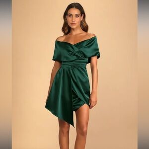 Lulus ‘Always Celebrating’ Dark Green Satin Off the Shoulder Dress